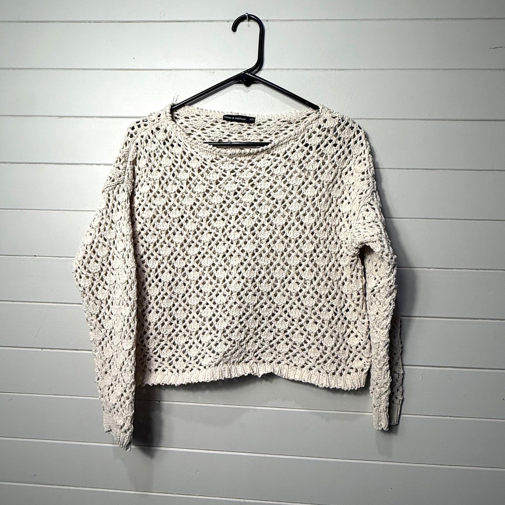 Moon & Madison Crochet Open Knit Sweater Womens XS Beige Boho Coastal SMC080B